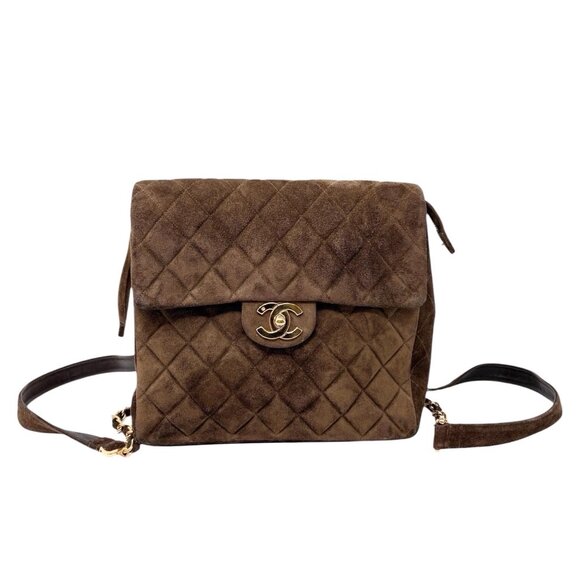 CHANEL Vintage CC Logo Suede Matelasse Backpack Bag Turn Rock Brown  [106046] - Picture 5 of 15
